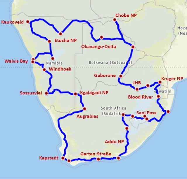 Geplante Route im südlichen Afrika